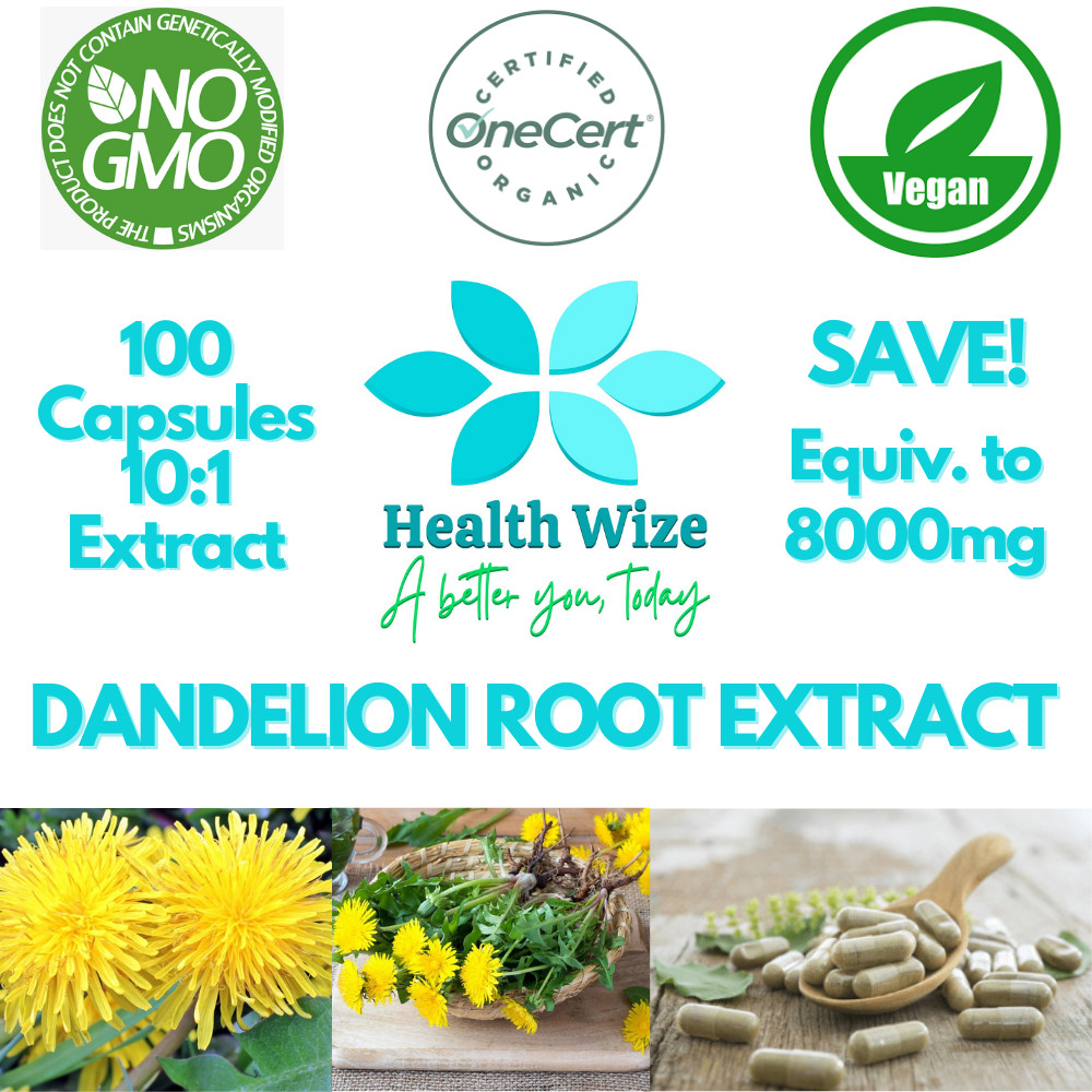 Dandelion Root Extract Organic 100 Capsules 8000mg 10:1 High Potency & Purity