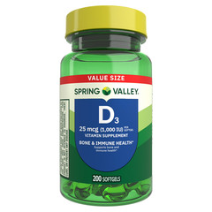 Spring Valley Vitamin D3 Softgels, 25 mcg (1000 IU), 200 Count, Supplement for B