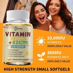Powerful Vitamin D3 K2 Capsules – Extra Strength D3 K2 Supplements with 10000 IU
