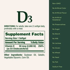 Nature’s Bounty Vitamin D3 5000 IU Softgels for Bone & Immune Support 240 Count