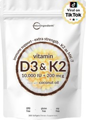 Vitamin D3 10000 iu Plus K2 (MK-7) 200 mcg, 300 Virgin Coconut Oil Softgels NEW