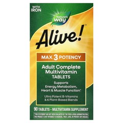2 X Nature’s Way, Alive!� Max3 Potency, Adult Complete Multivitamin, With Iron,