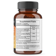 Turmeric, Ginger Supplement, With Black Pepper Extract, 30-120 Vegan Capsules