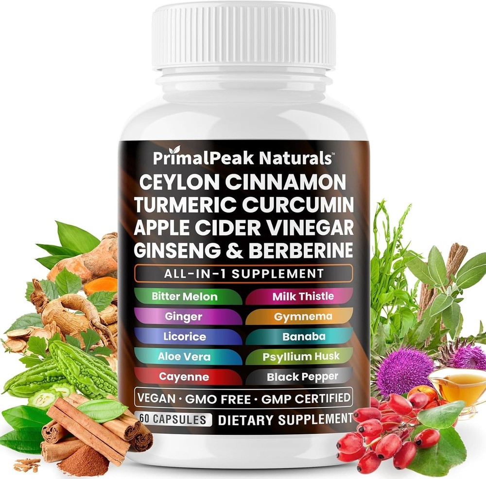 PrimalPeak Ceylon Cinnamon ACV Turmeric Berberine Panax Ginseng 60 Vegan Caps