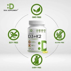 K2 SUPPLEMENT Vitamin D3 DEAL 5000IU Softgel, 2-1 Complex, 250 Count