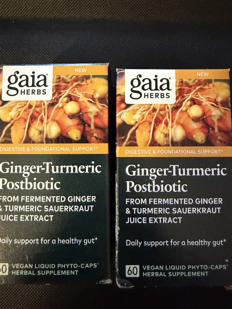 Gaia Herbs, Ginger-Turmeric Postbiotic, 60 Vegan Liquid Phytocaps 2️⃣ Packs !