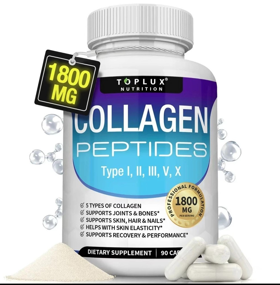5-Type Collagen Peptides 1800mg for Skin & Joint Health,Toplux Nutrition,90 Caps