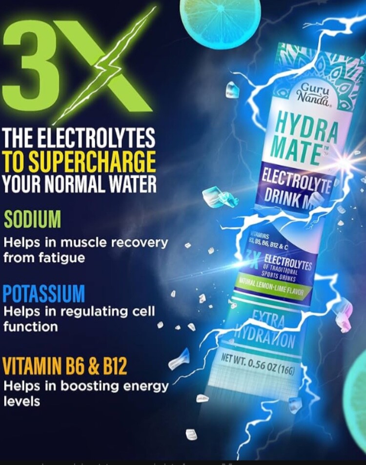 Guru Nanda Hydramate Electrolyte Drink Mix Lemon Lime 2 Stick Packs 3 Boxes
