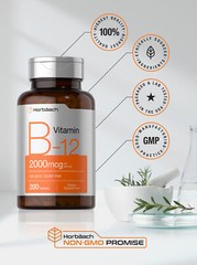B12 Vitamin 2000mcg | 200 Vegetarian Tablets | Non-GMO | by Horbaach