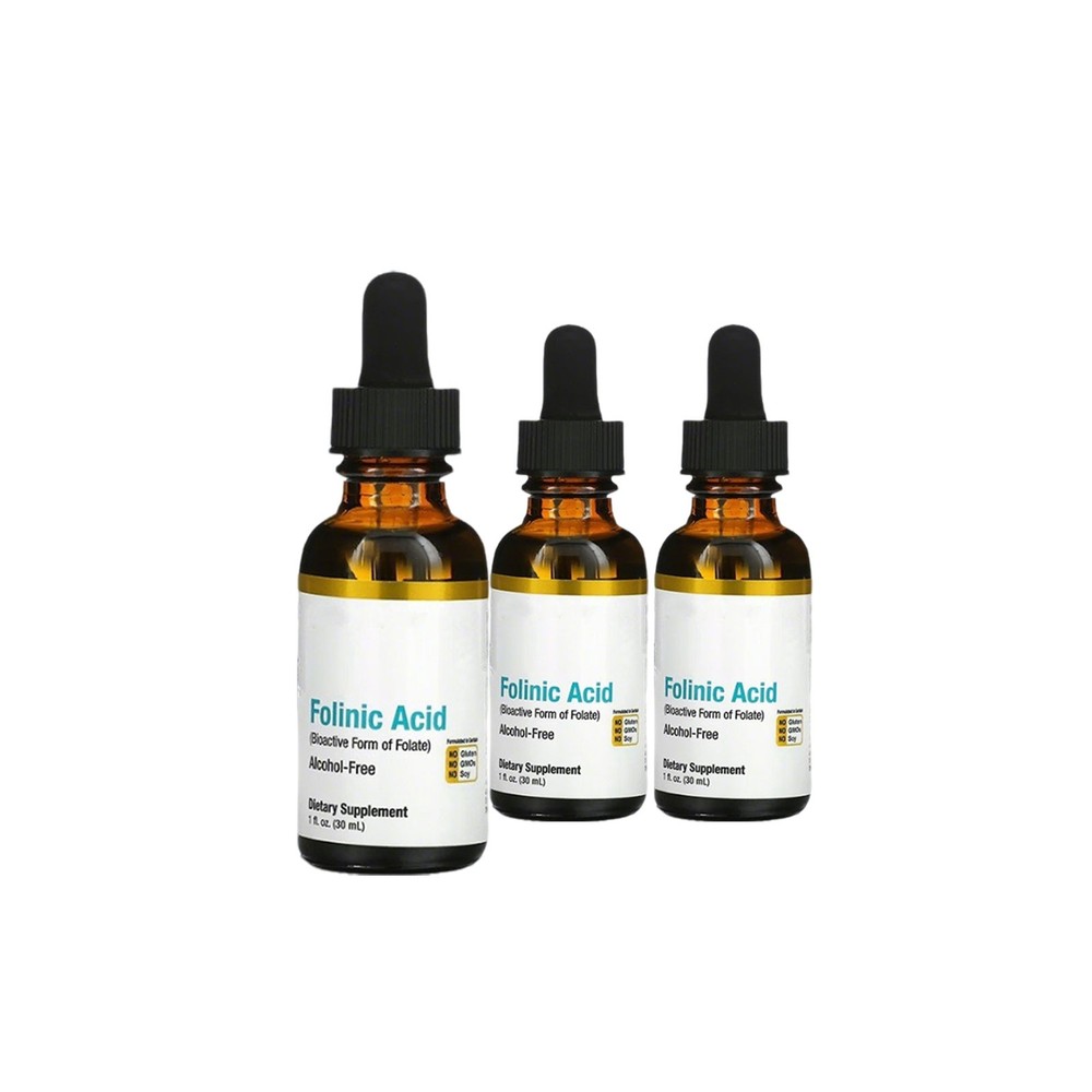 3 Pack Folinic Acid Supplement 3-Pack 1 Fl Oz (30ML) Alcohol-Free Health Adults