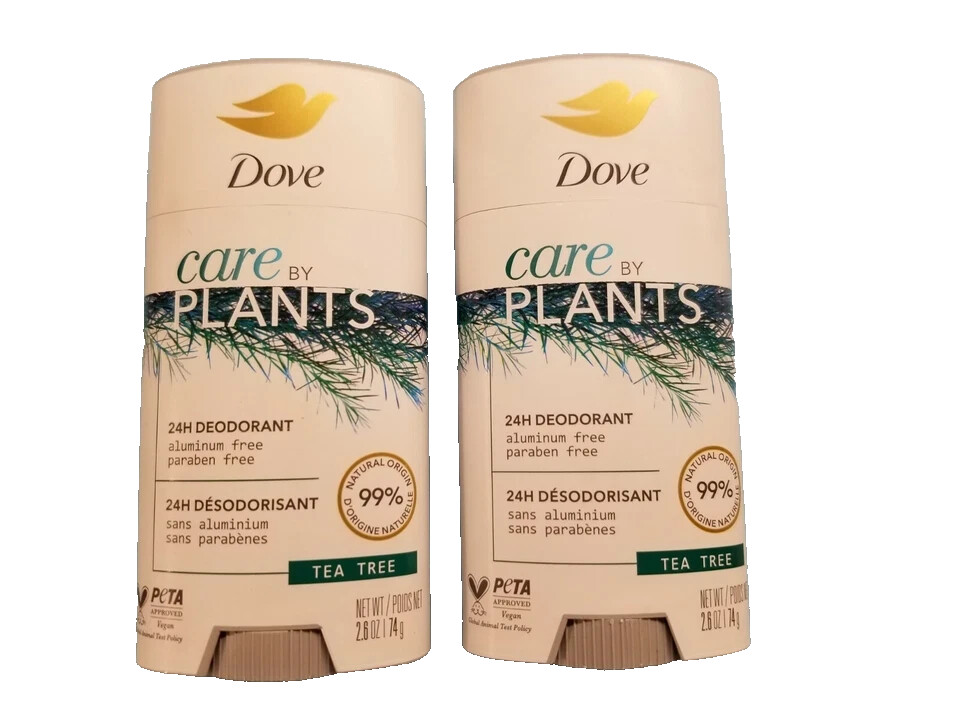 (2) Dove Care by Plants Deodorant Stick Tea Tree Aluminum Free Deodorant 2.6 oz