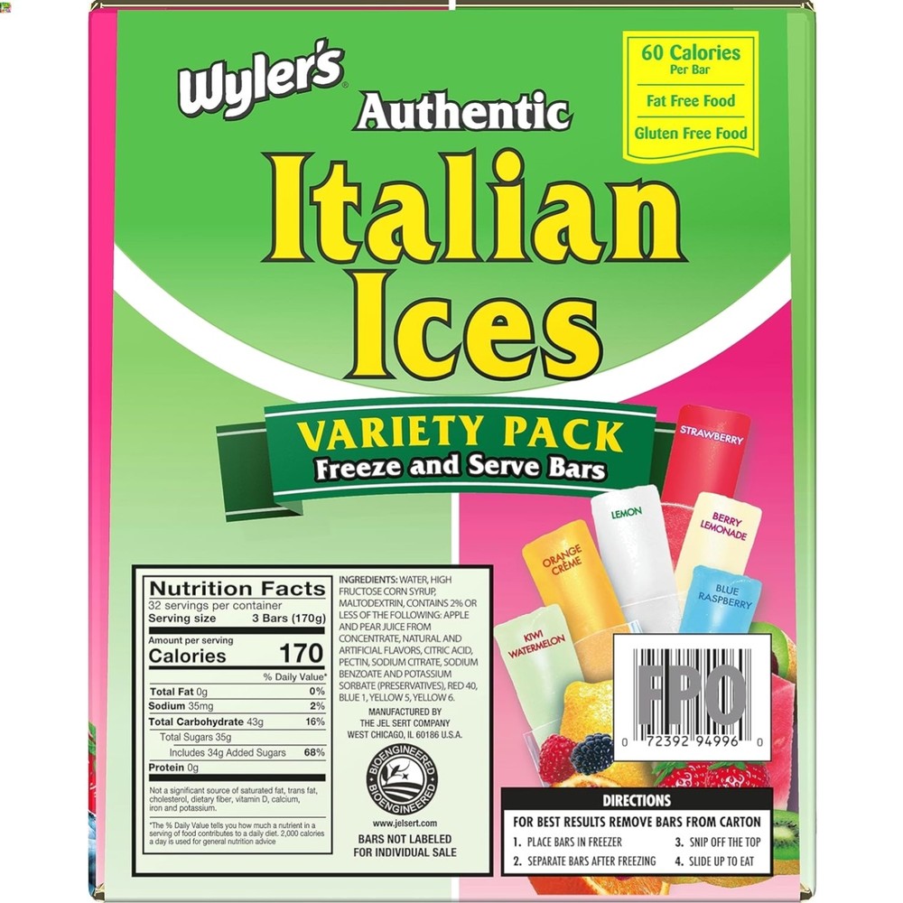 Authentic Italian Ice, Fat Free Freezer Bars, Assorted Flavors 96ct – 2oz bars
