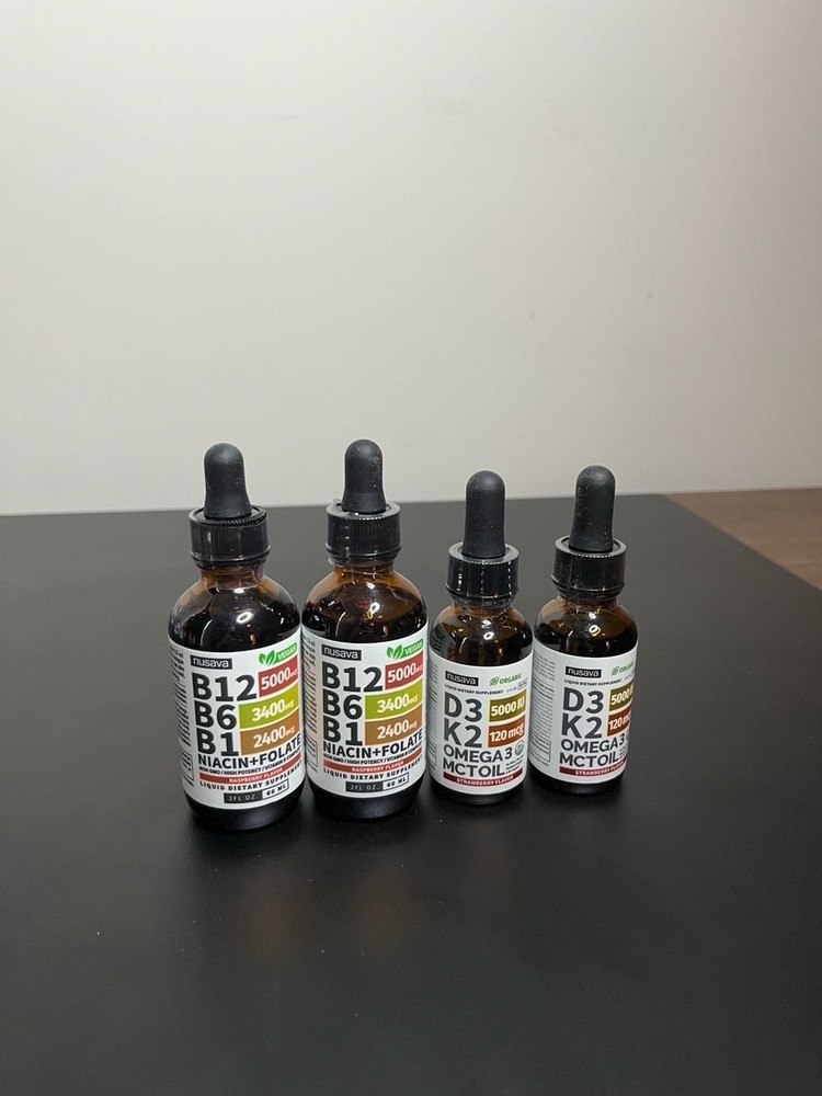 Nusava B-Complex Liquid Drops (B12, B6, B1, Niacin, Folate) and D3+K2 Omega 3 MC