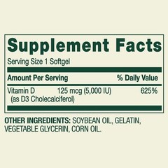 Spring Valley Vitamin D3 5000 IU (125 mcg) 250 Softgels Gluten Free Immune