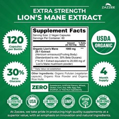 USDA Organic Lion’s Mane 20:1 Extract, 16,000 mg Strength, 120 Vegan Capsules