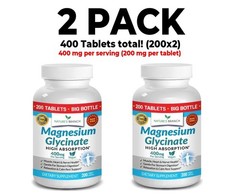 Magnesium Glycinate, 2 PACK, Non Buffered, 400 mg per serving, 200 tablets each