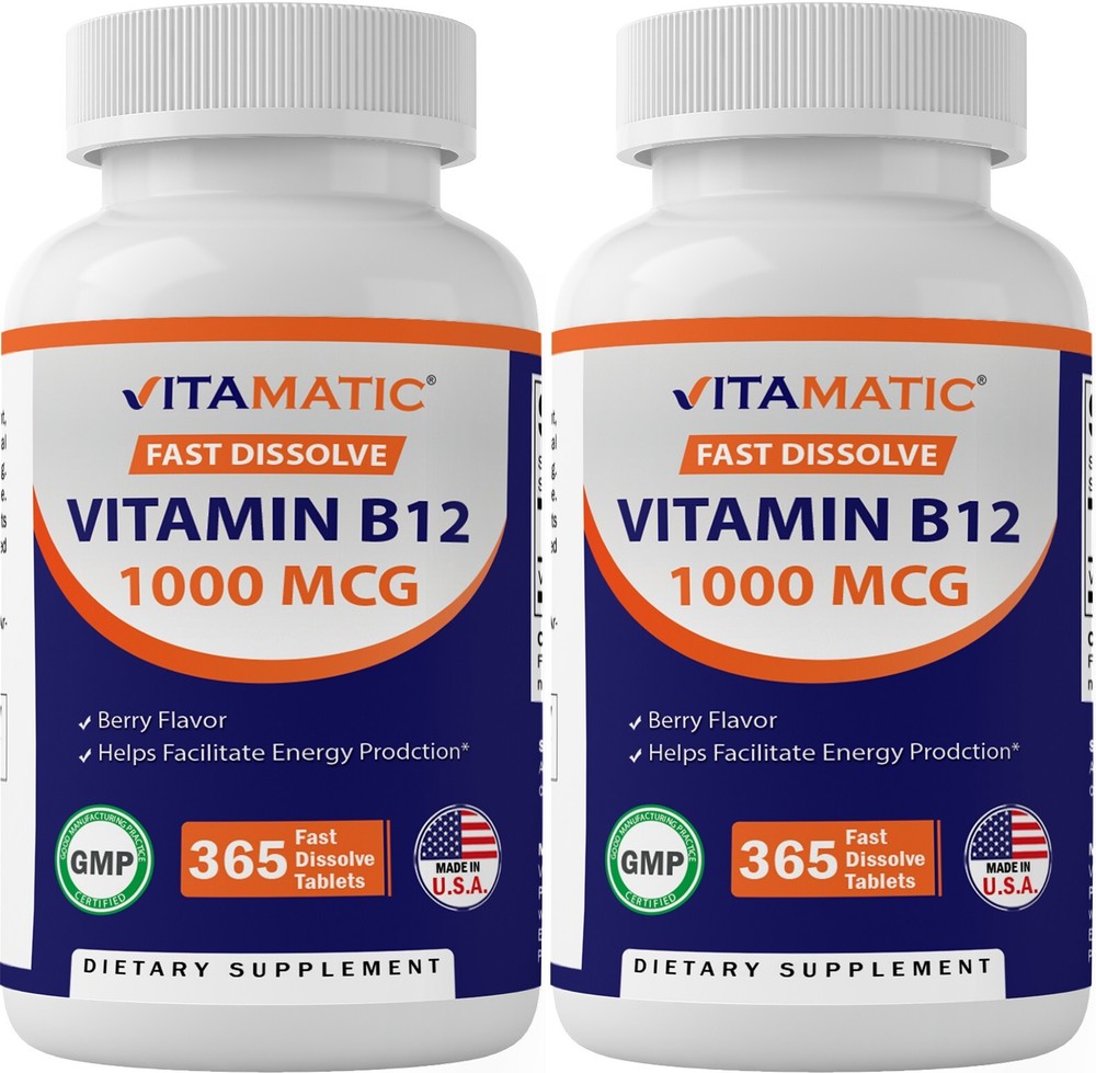 (2 Pack) Vitamatic Vitamin B12 1000 mcg Fast Dissolve 365 Tablets-Berry Flavor