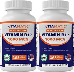 (2 Pack) Vitamatic Vitamin B12 1000 mcg Fast Dissolve 365 Tablets-Berry Flavor