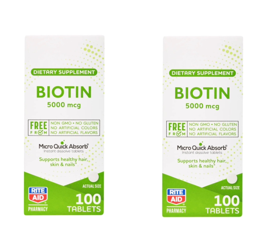 Twin Pack- RITE AID Biotin Instant Dissolve Tablets-5000 mcg-EX. 3/25-100 Ct. EA