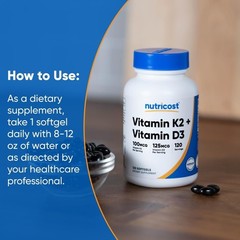 Nutricost Vitamin K2 100mcg + D3 5000 IU Softgels 120 Ct Gluten Free