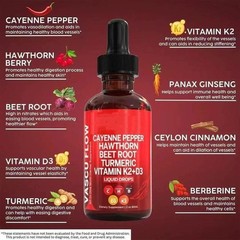 2Pack Cayenne Pepper Hawthorn Beet Root Turmeric Vitamin K2+D3 Liquid Drops 60ML