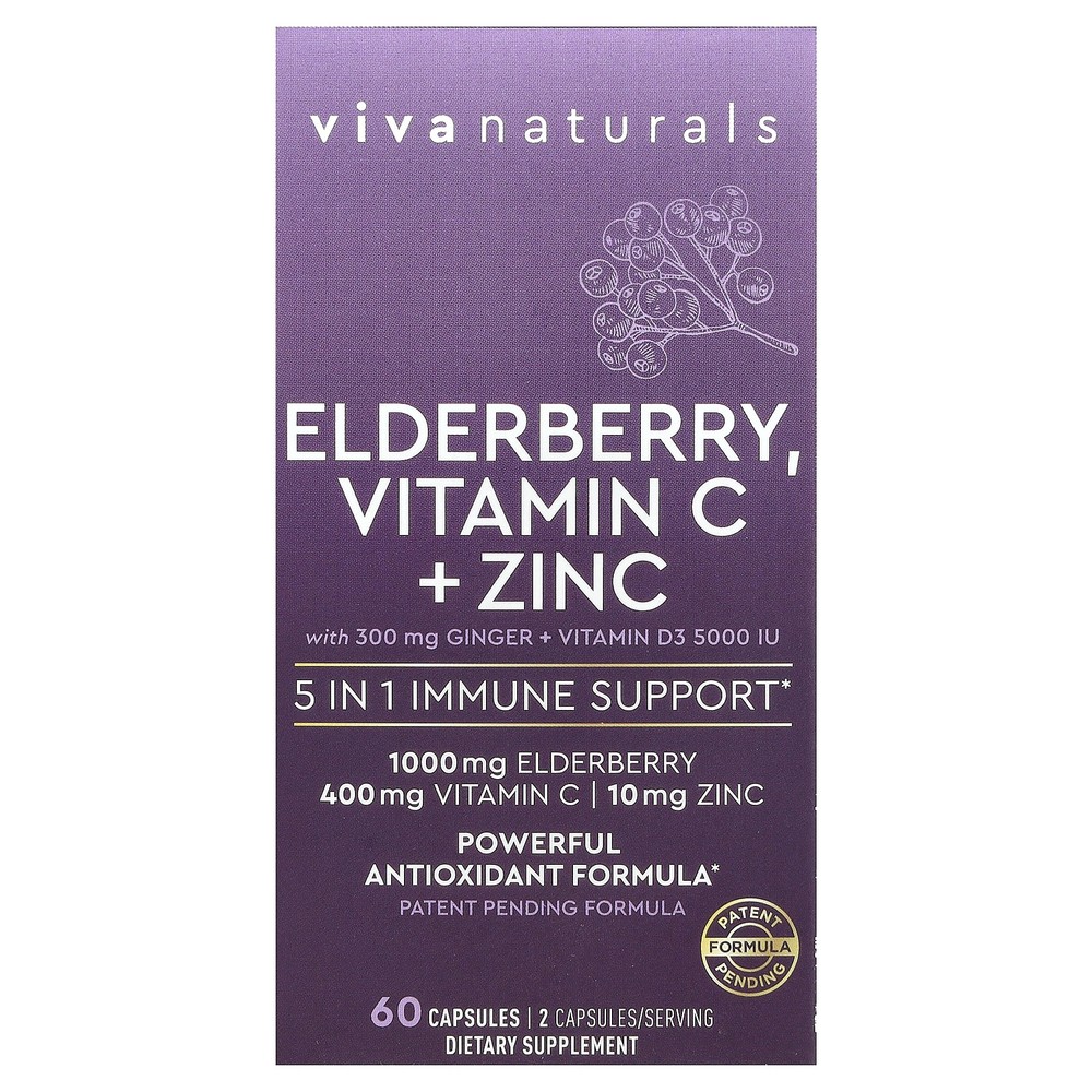 Elderberry, Vitamin C + Zinc with Ginger + Vitamin D3, 60 Capsules