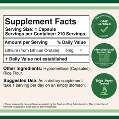 Lithium Orotate 5Mg, 210 Capsules (Third Party Tested, Vegan Safe, Non-Gmo)