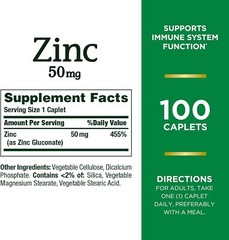Zinc, Supports Immune System Function, Dietary Supplement, 50 Mg, Caplets, 100 C