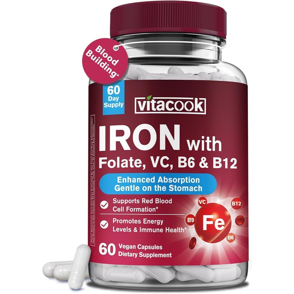 Iron Bisglycinate Supplement with Vitamin C, B6, B12, Folate – 60 Vegan Caps