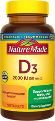 Vitamin D3 2000 IU Tablets, Bone & Immune Support, 100 Count Tablets