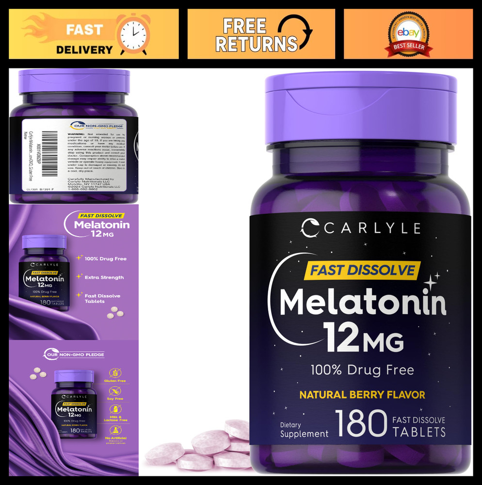 Melatonin 12mg Fast Dissolve Tablets – 180 Count, Drug-Free, Natural Berry, Vega