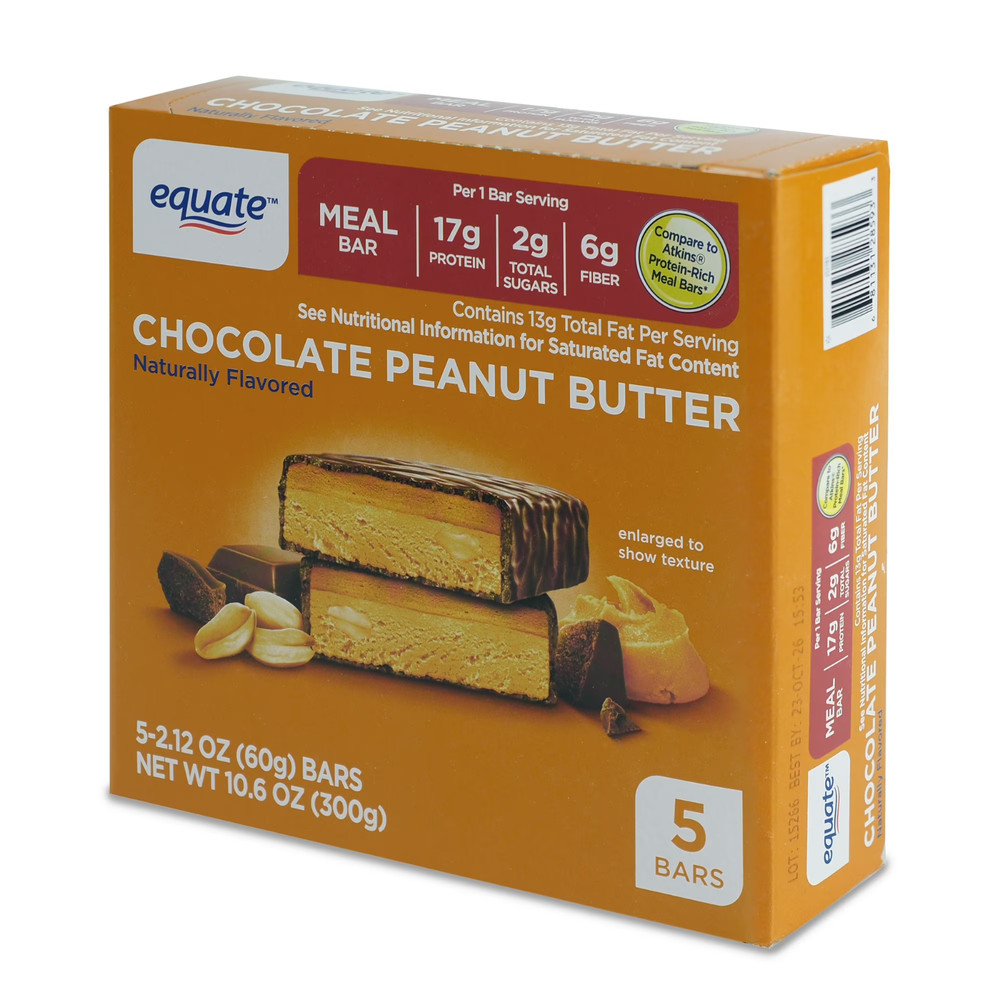 Equate Chocolate Peanut Butter Meal Bar, 5 Ct