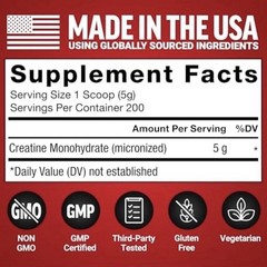 Force Factor Creatine Monohydrate Powder Unflavored 200 Servings 5g 1kg