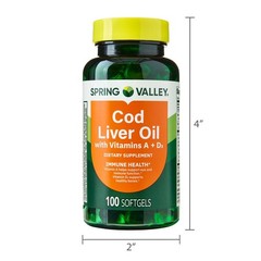 Spring Valley Cod Liver Oil Vitamins A & D3 Bone Skin Health Vision 100 Softgels