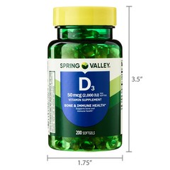 Spring Valley Vitamin D3 2000 IU (50 mcg) Softgels, Bone & Immune Support, 200 C