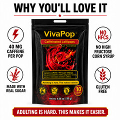 VivaPop Caffeinated Lollipops 40mg Caffeine 100mg L-Theanine 10 Count Energy