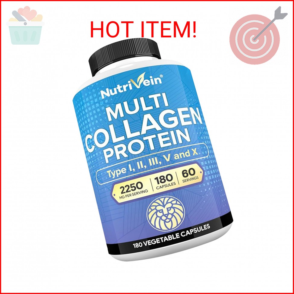 Nutrivein Premium Multi Collagen Pills 2250 mg – 180 Easy-to-Swallow Collagen Ca