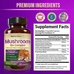 10x Mushroom Complex Supplement, Lions Mane, Reishi, Shiitake, 60 Day – 120ct