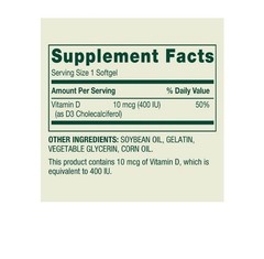 Spring Valley Vitamin D3 Supplement 10 mcg (400 IU) 200 Softgels