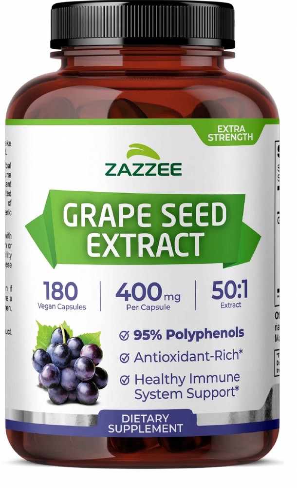 Zazzee Grape Seed Extract 180 Veggie Capsules 400 mg 95% Polyphenols Antioxidant