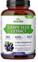 Zazzee Grape Seed Extract 180 Veggie Capsules 400 mg 95% Polyphenols Antioxidant