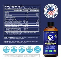Life’s Fortune Cod Liver Oil Liquid Organic Lemon Flavor, Vitamin A, E & D, 8oz