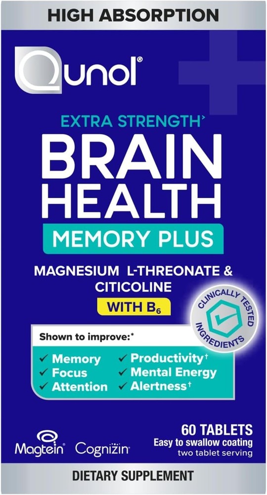 Qunol Brain Health Memory Plus w/ B6 Magnesium L-Threonate & Citicoline 60ct