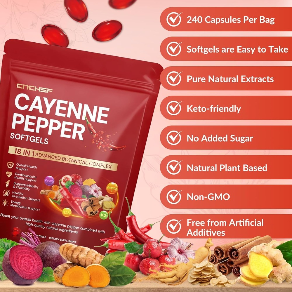Cayenne Pepper Softgels with D3, K2 & Beetroot Support Circulation & Healthy