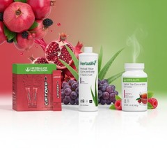 Herbalife Raspberry Tea 3.6 oz + Grape Aloe Pint+30 Pomegranate LiftOff Sticks