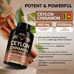 Ceylon Cinnamon 20:1 Extract, Extra Strength, Metabolism Support, 60 Capsules US