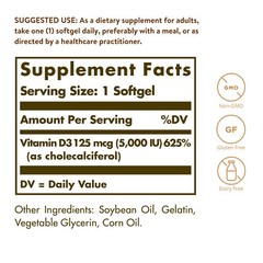 Solgar Vitamin D3 Cholecalciferol 125 mcg 5000 IU 100 Softgels