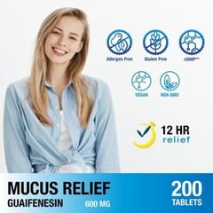 Puregen Labs Mucus Relief Expectorant 12 Hour Guaifenesin 600mg 200 Tablets