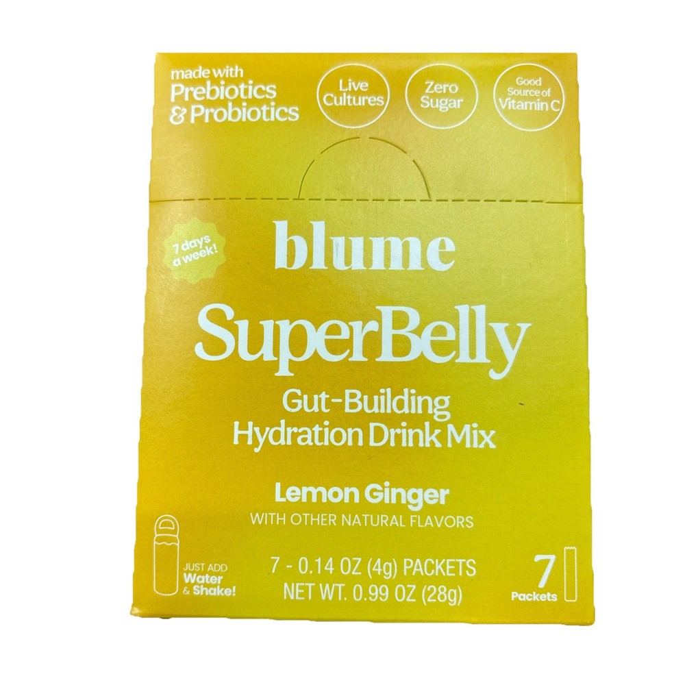 Blume Superbelly Hydration + Probiotic Lemon Ginger 7 Pack 1oz Total BB 05/2026