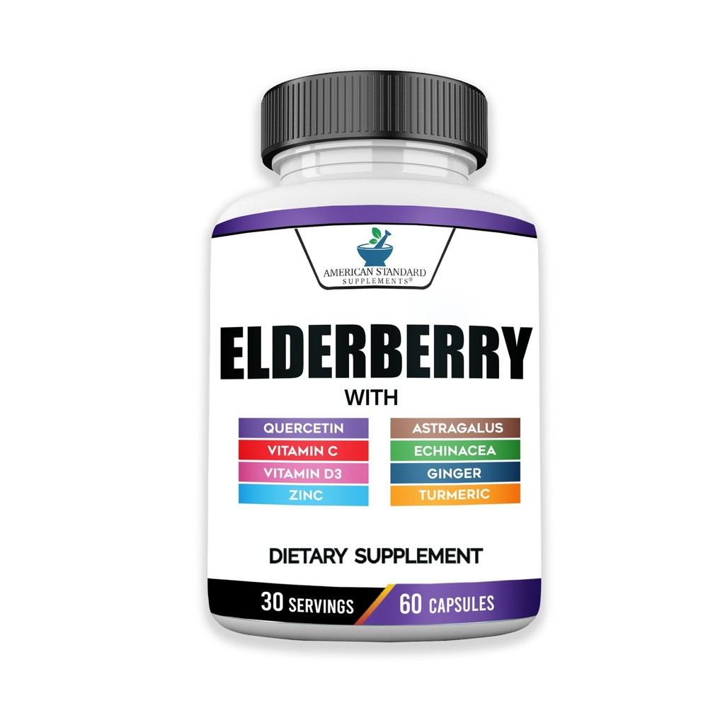 Elderberry, Quercetin, Vitamin C, D3, Ginger, Zinc, Turmeric & Echinacea, 60 cap